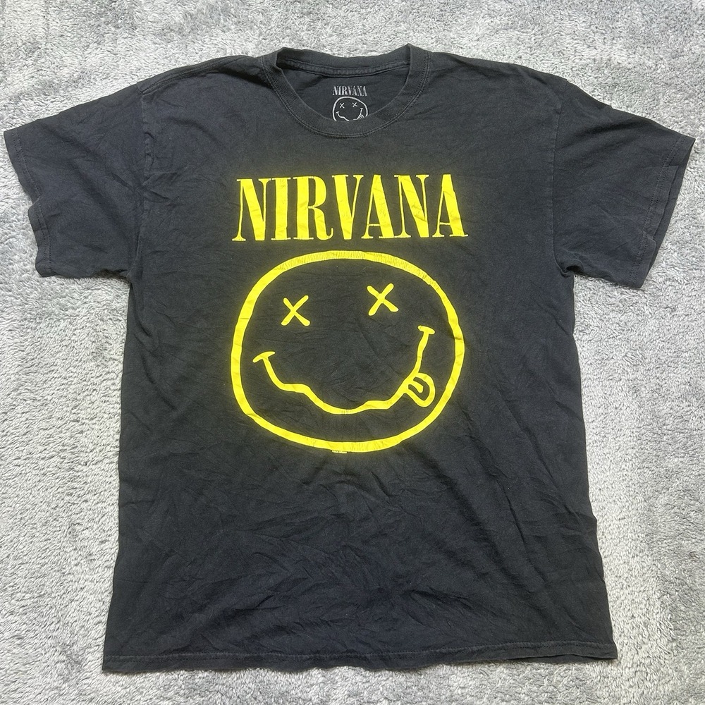 Nirvana Smiley Face T-Shirt Mens‎ L Black Yellow Concert Rock Band Graphic 2020